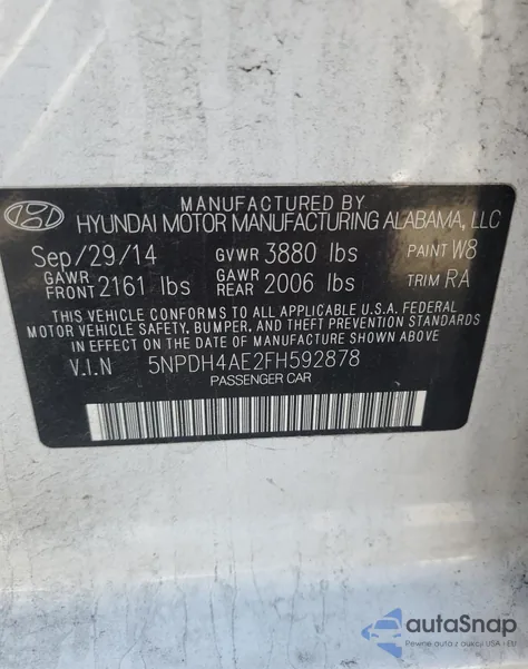 2015 Hyundai Elantra Se from USA, damaged, VIN 5NPDH4AE2FH592878